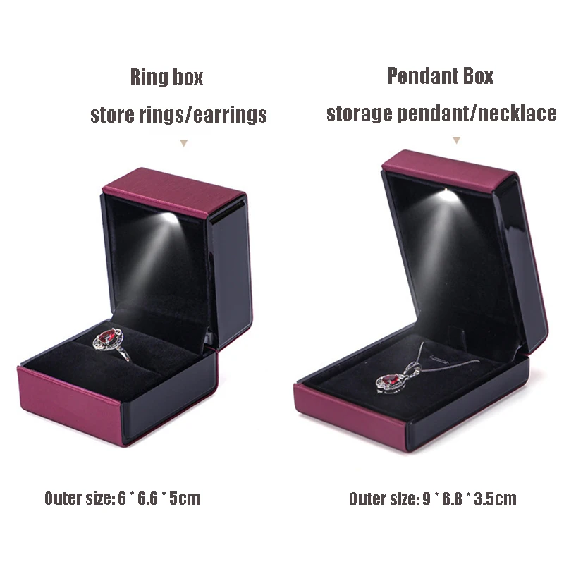 Luxury Engagement Wedding PU Leather LED Light Ring Jewellery Case Wholesale Necklace Pendant Jewelry Gift Packaging Boxes 2023