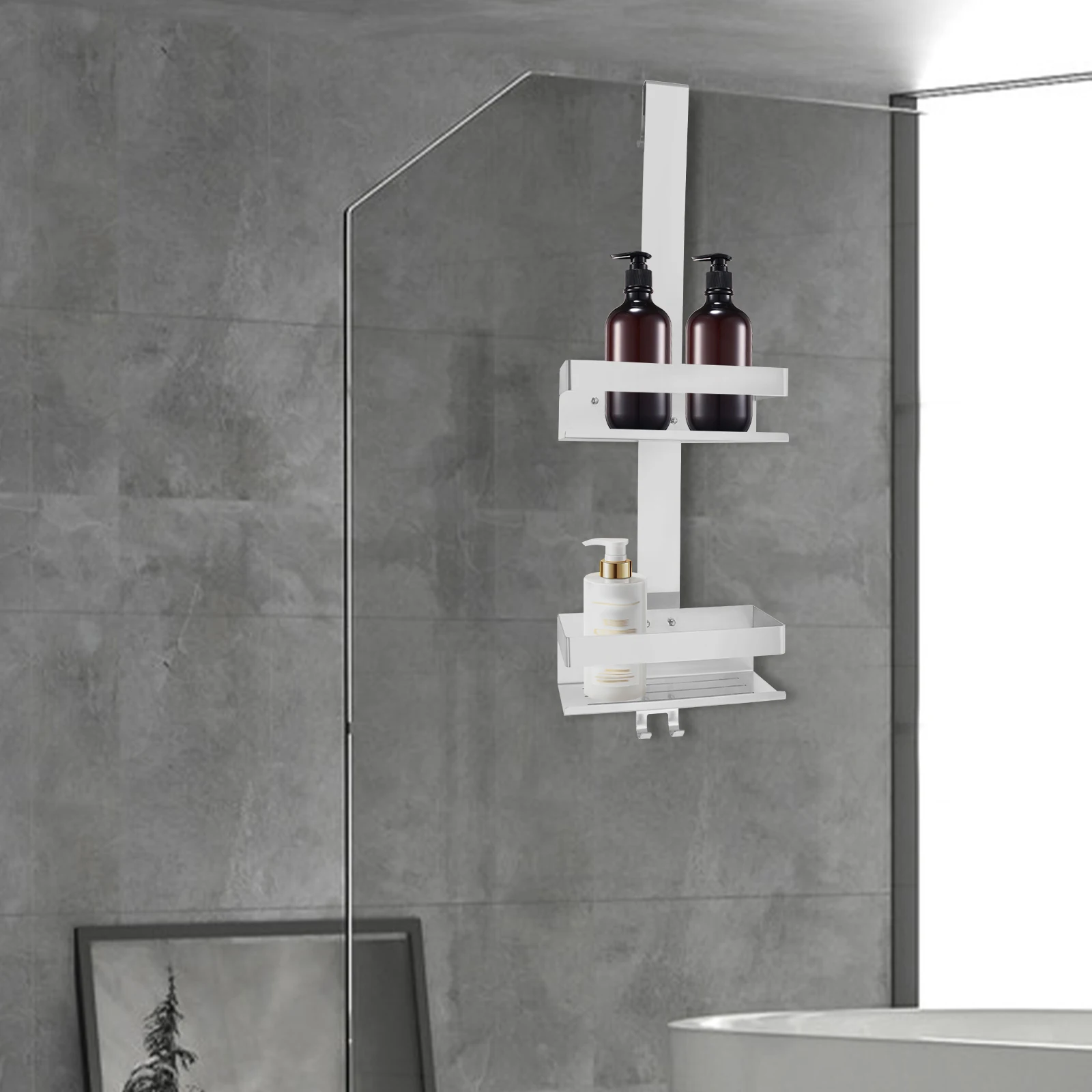 304 Edelstahl 2-stufiges Badezimmerregal, hängender Duschorganizer mit 15 kg Tragkraft, rostfreies, platzsparendes Aufbewahrungsregal für Badezimmer und Küche (Silber) – Detail 3