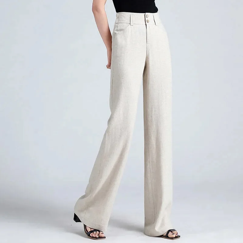 

Women Cotton And Linen Pants Spring Summer Casual Thin Long Pants Elastic High Waist Wide Leg Pants Loose Wild Straight Trousers