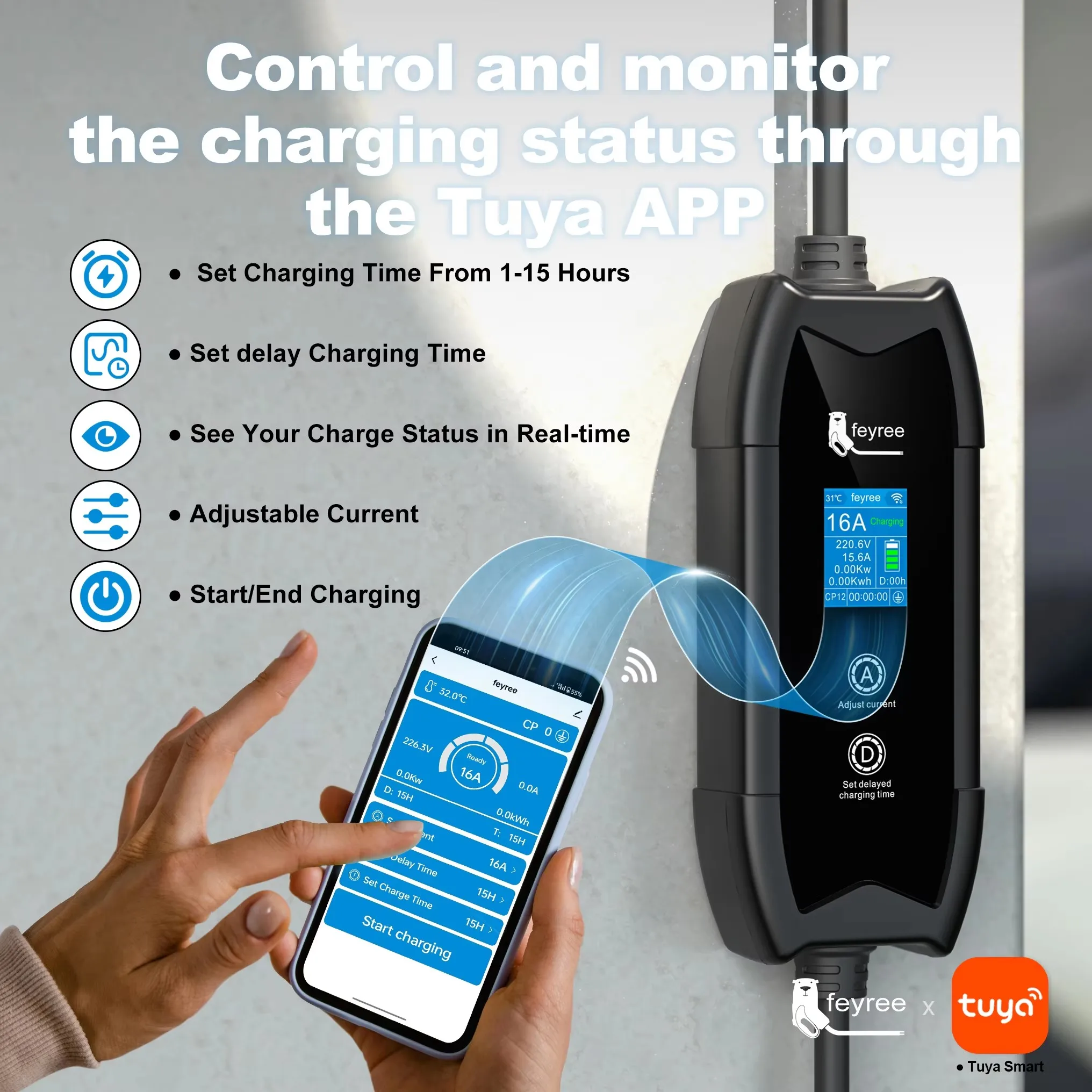 Feyree EV Charger APP Control TS-NACS Socket 16A 3.5KW EVSE Portable Charging for Tesla Cars Models 3/Y/S/X Set Charge&DelayTime