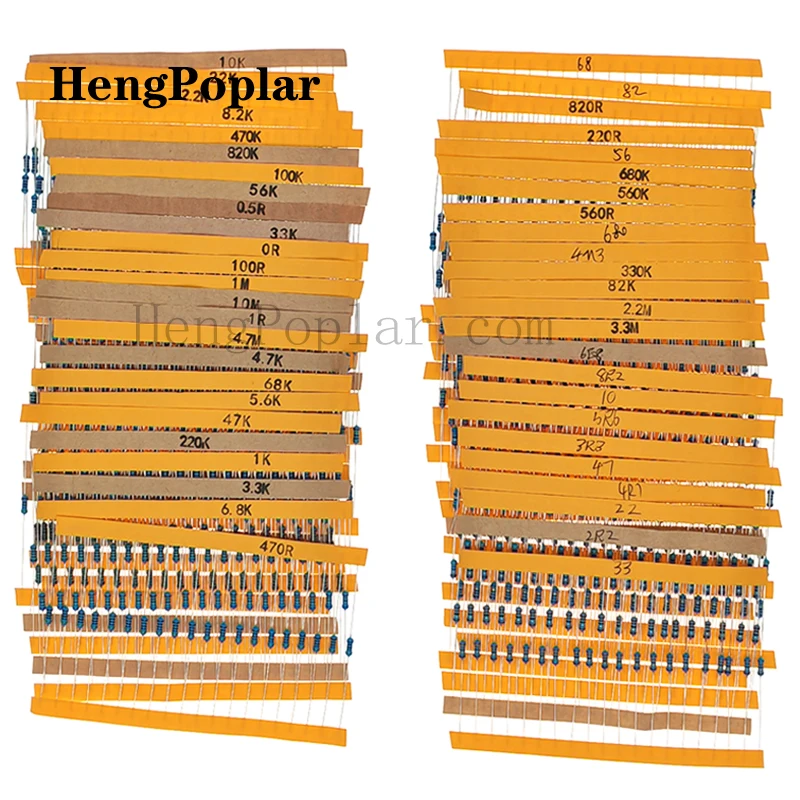 1000pcs/set 50 Kinds 1/4W Resistance 1% Metal Film Resistor Pack Assorted Kit 1K 10K 100K 220ohm 1M Resistors