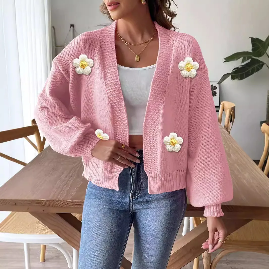 여성 카디건 스웨터 코트 플라워 니트 자켓 V넥 랜턴 슬리브 니트웨어 2025 가을 겨울 캐주얼 니트 아우터