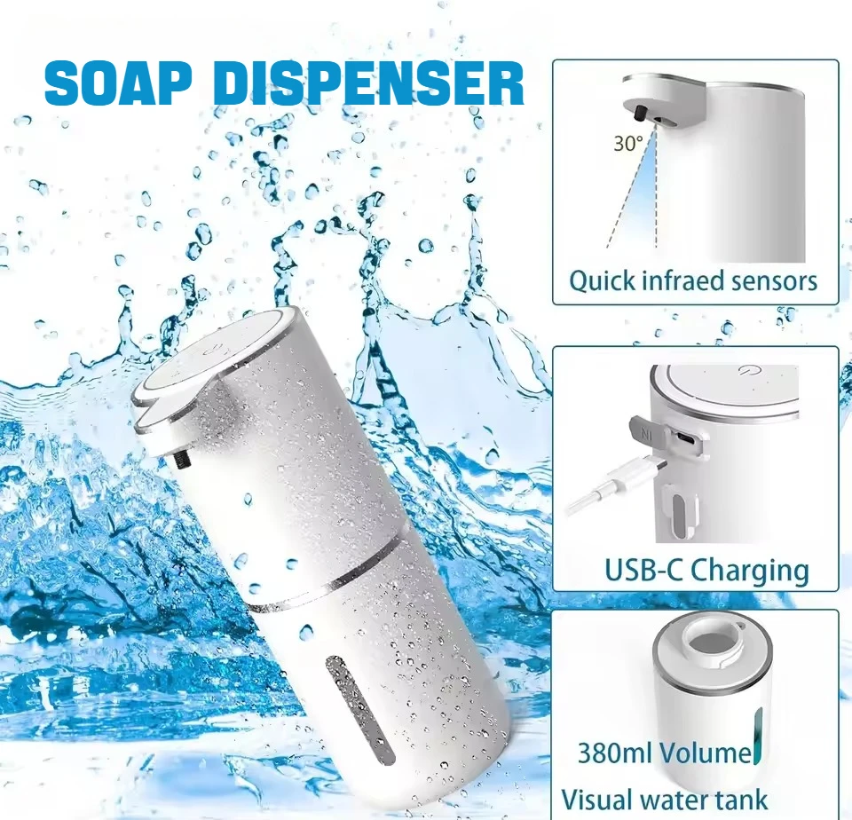 Electric Soap Dispenser 380ml USB Rechargeable 4 Gears Bubbling Duration Sensor Auto-Sensing For Kitchen Countertops & Bathrooms
