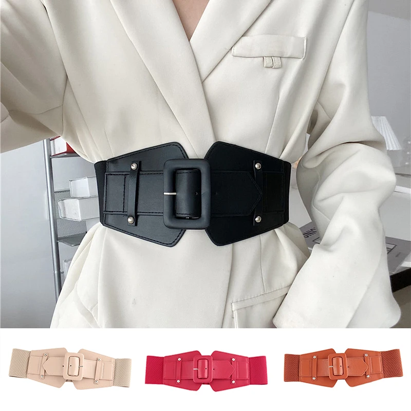 High Quality Wide Elastic Corset Belt Ladies Dress Suit Stretch Cummerbunds Ladies Faux Leather Waist Seal Solid Color Waistband