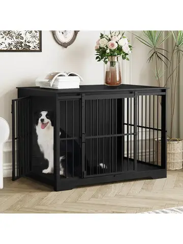 Large Dog Crate Furniture, 44.1" Indoor Dogs Kennel Furniture with Barn Door, Wooden Tall Dogs Crate, Heavy Duty Dog Cage