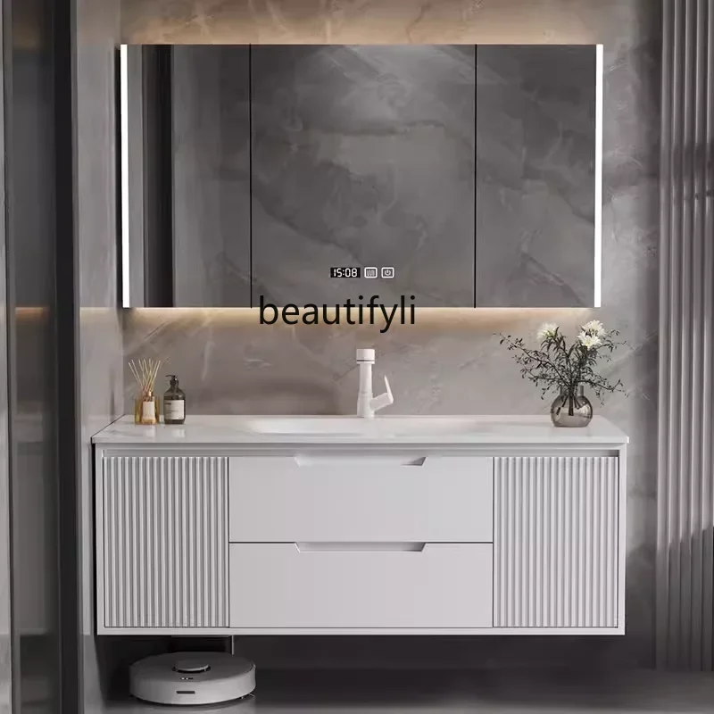 

Hot Bend Stone Plate Whole Washbin Bathroom Light Luxury Smart Bathroom Cabinet Oak Washstand