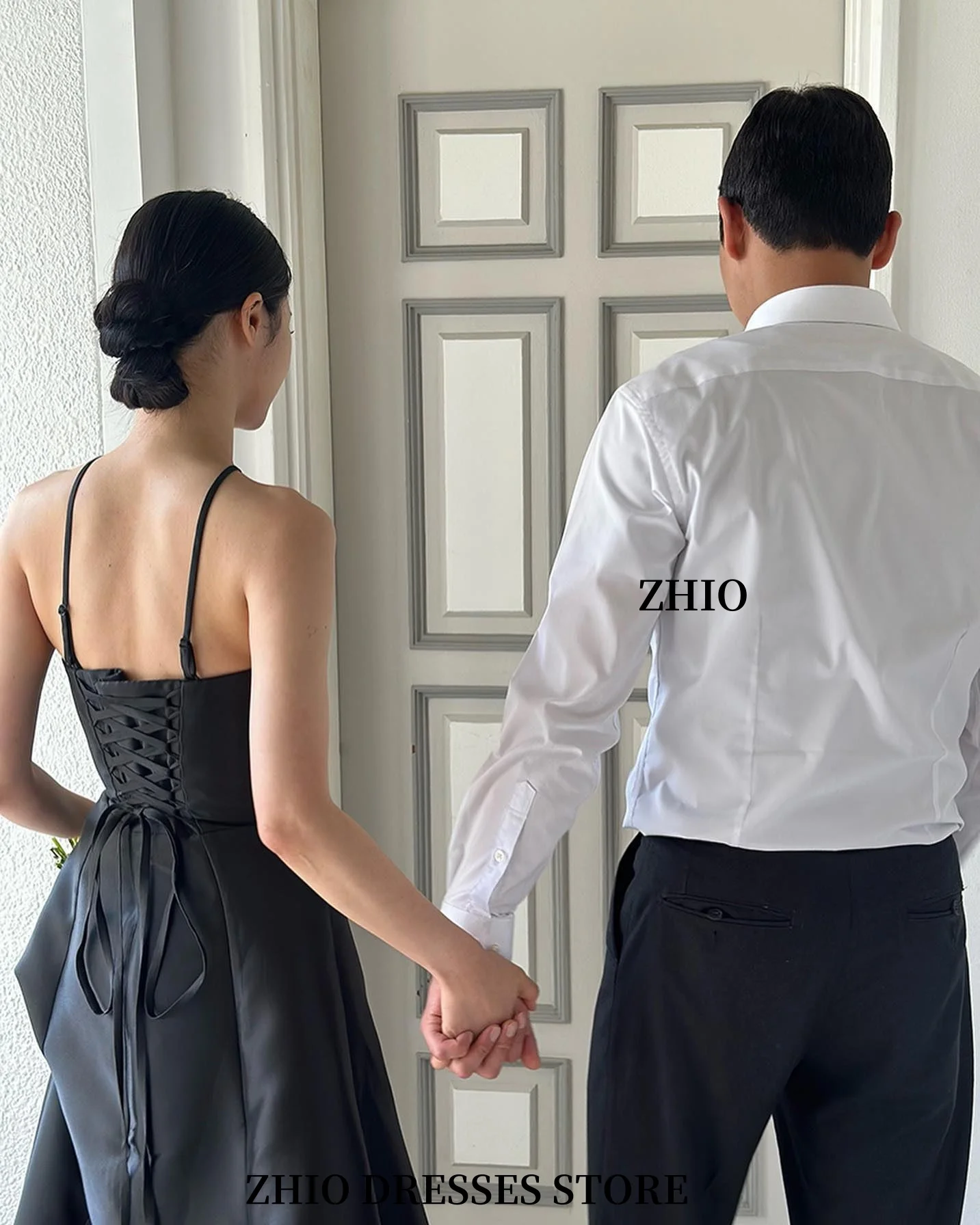 ZHIO Elegantes schwarzes Abendkleid, koreanisches Foto, Hosenträger, bodenlang, Hochzeit, Party, ärmellos, Tanzkleid, individuell