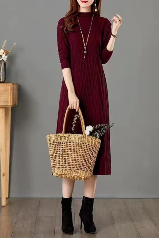 Solid Color Woolen Sweater 2024 Autumn Winter Dress Women\'s Large Size Medium Length Over The Knee Knitted Dress Casual LJ563