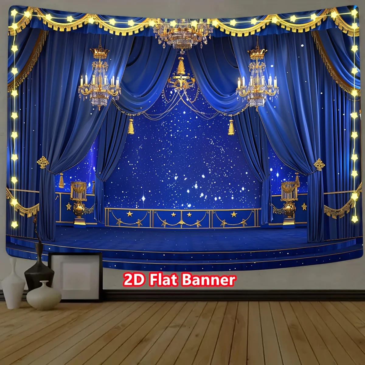 Royal Blue Chandelier Tapestry, Golden Stars and Elegant Lighting Wall Art for Party Photo Booth and Luxe Event Decor