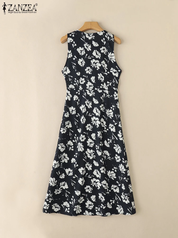 ZANZEA-Vestidos Midi elegantes con estampado Floral para mujer, Vestidos sin mangas con cuello en V para verano 2025, batas informales de corte a para ir al trabajo para mujer