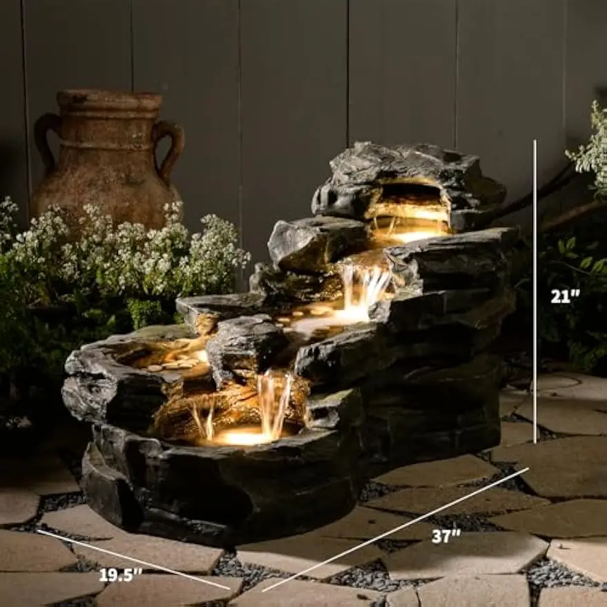 Outdoor Rock Waterfall Fountain Tiered Five With LED Glow Warm Sounds Reservoir Resin Gift