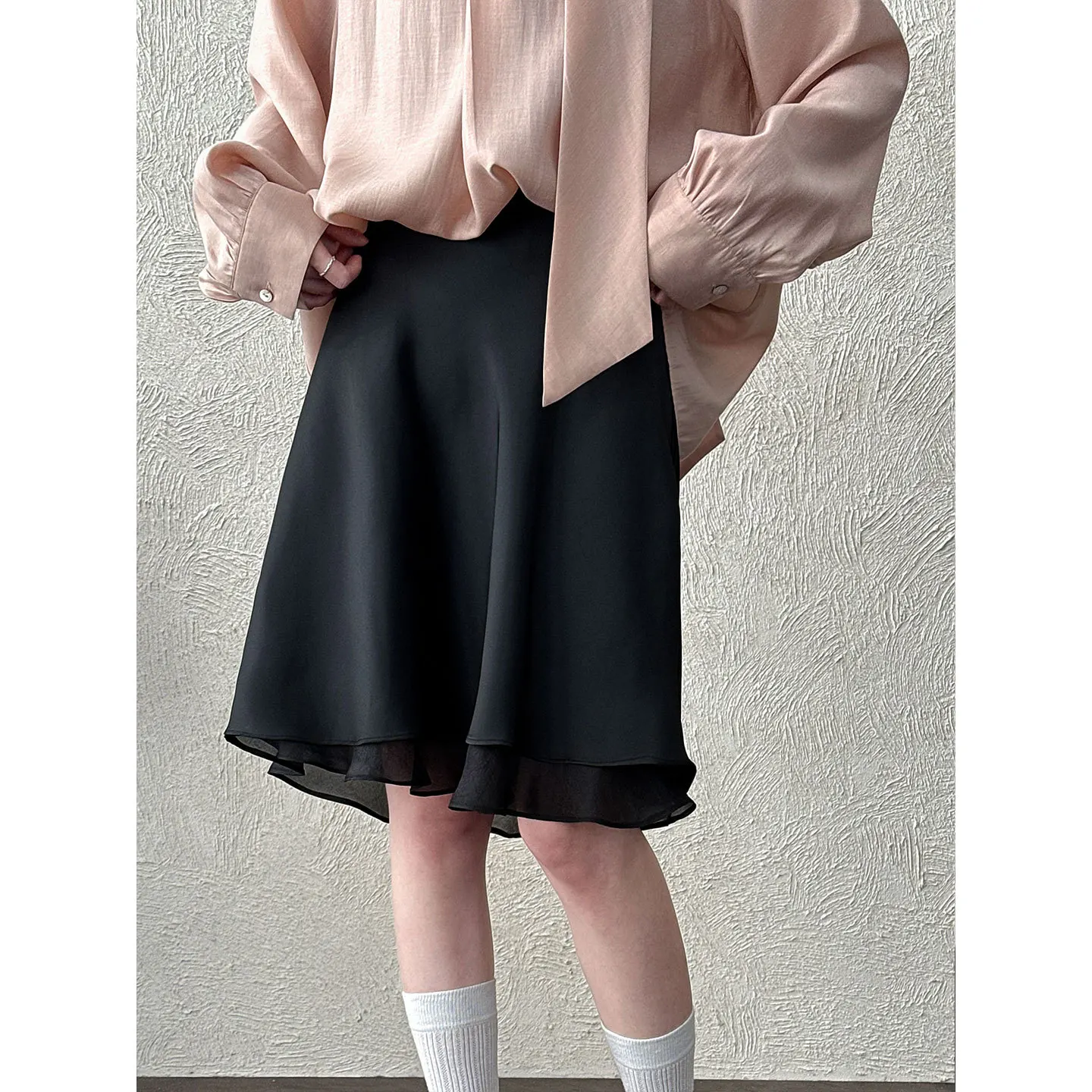 Gentle Wind Splicing Skirt for Women 2026 Early Spring Versatile Silky Ruffled A-line Skirt