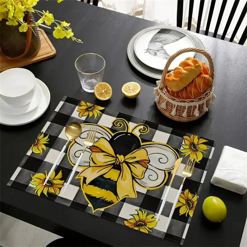 Bee & Sunflower Checkered Placemat, 1-Piece Durable, Rustic Dining Table Placemat