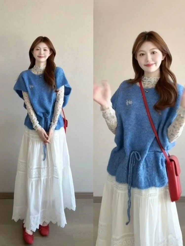 

Korean Style Blue Vest Floral Bottoming Skirt Set Women's Spring New Fashion Blue Floral Print High Waist Midi Skirt