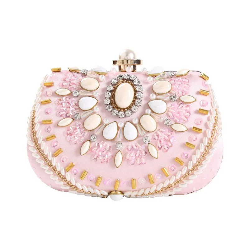 

Pink Evening Bags with Stones for Women Sweet Handmade Embroidered Beading Clutch Bags Fashion Pearl Prom Handbags Sac Femm