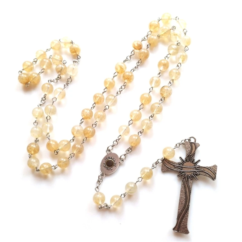 Vintage Natural Agates Bead Rosary Necklace Crucifix Pendant Sweater Chain F1CC