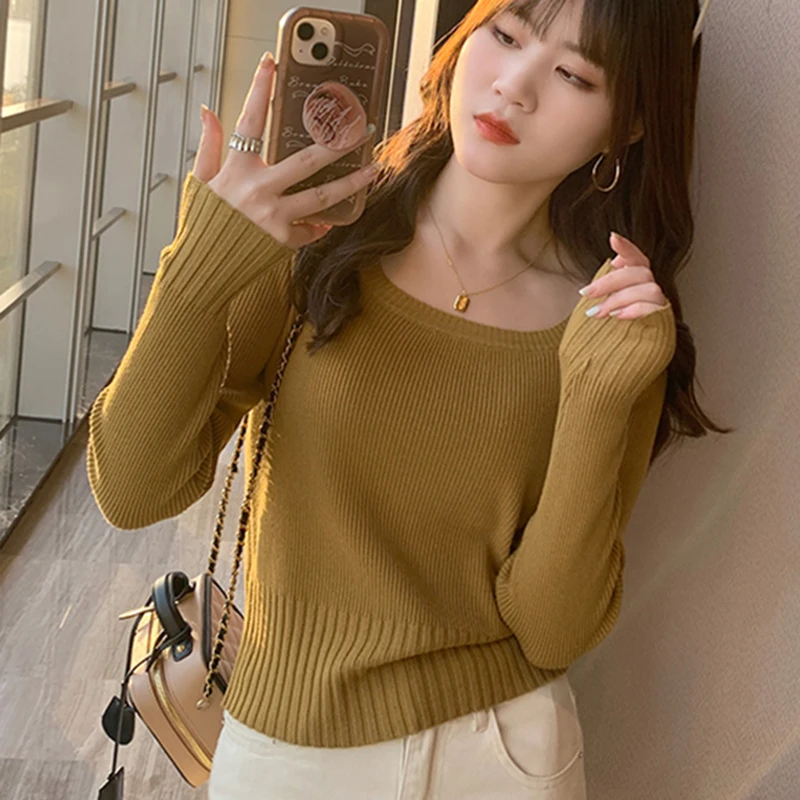 Jesienno-zimowy modny sweter Slim Knitted Pullover Women Square Collar Soft Solid Jumper Casual All Match Female Tops 2024 New