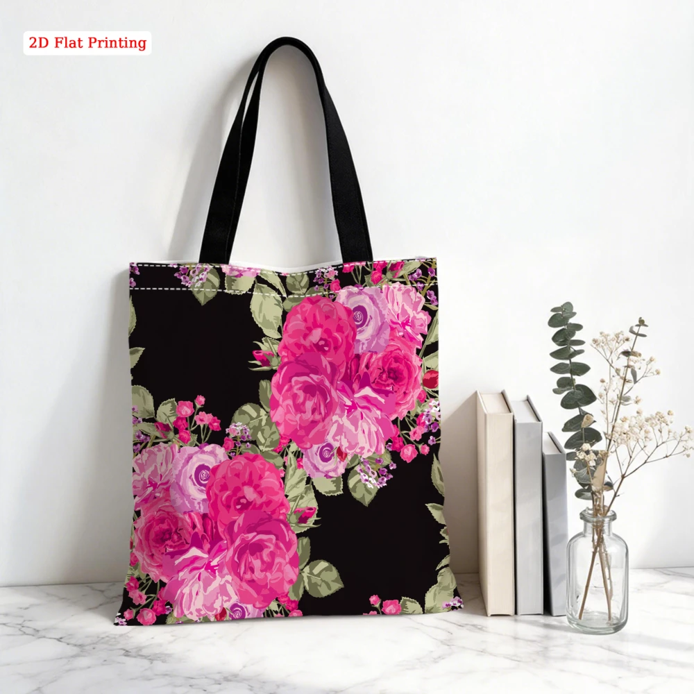 1pc Floral Print Shoulder Bag Black Rose Pattern Tote Bag For Shopping Travel Daily Use Large Capacity Storage Women Girls Light