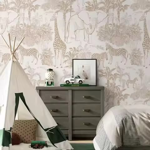 Animal Wallpaper for Nursery &amp; Kids Room Jungle Safari Lion, Elephant, Giraffe Peel &amp; Stick Removable Decor PVC FREE 50✖️300cm