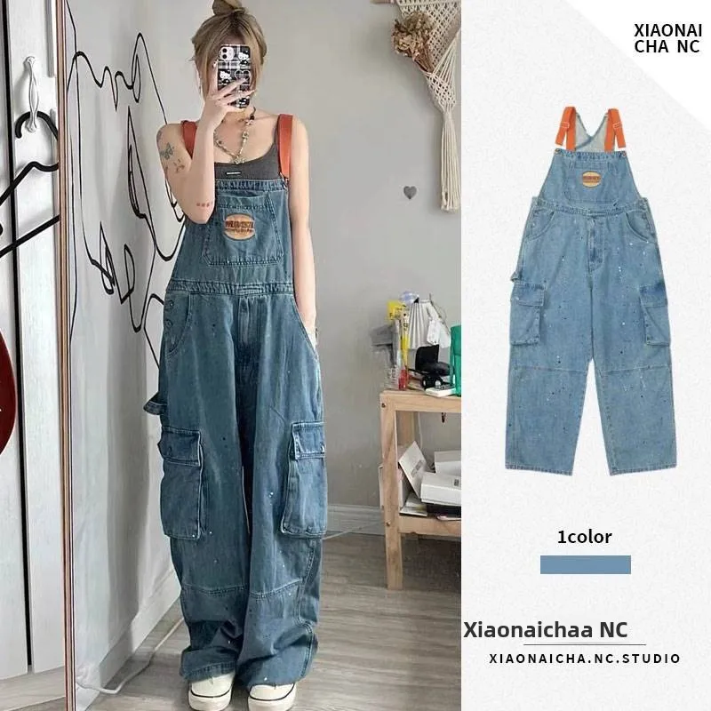 Peto vaquero retro americano para mujer, pantalón de pierna ancha suelto de cintura alta, corte recto, largo hasta el suelo, ...