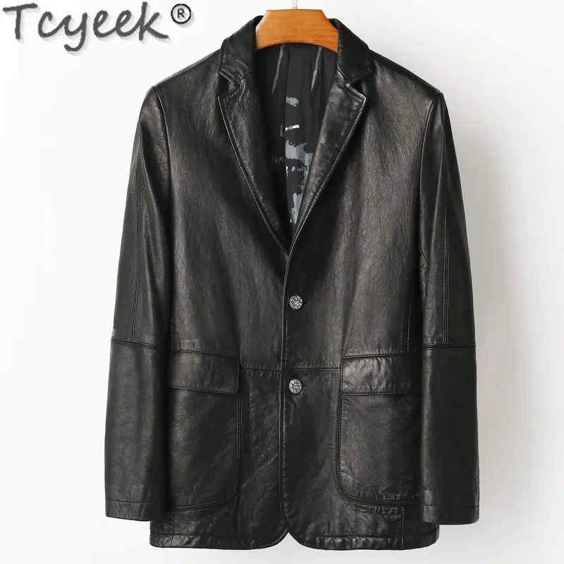 Tcyeek Real Leather Jacket Men 2025 Oil Wax Cowhide Coats Business Casual Suit Coat Spring Autumn Clothes Jaqueta De Couro Black