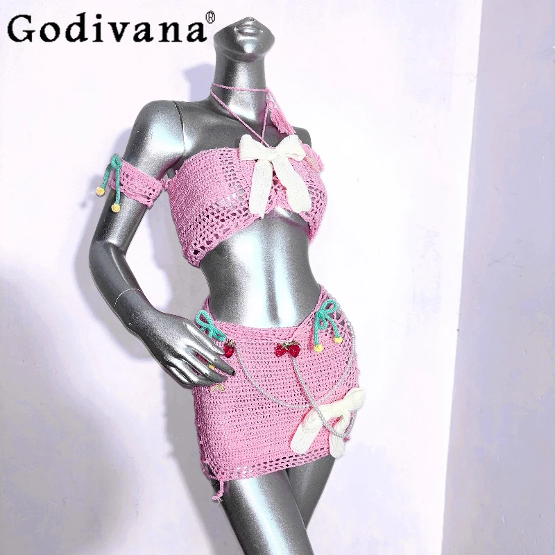 

Women Lolita Set Strawberry Handmade Crochet Pink Top Hollow Ripped Blouse Skirt Girl Suit Female Two Piece Skirt Outfits