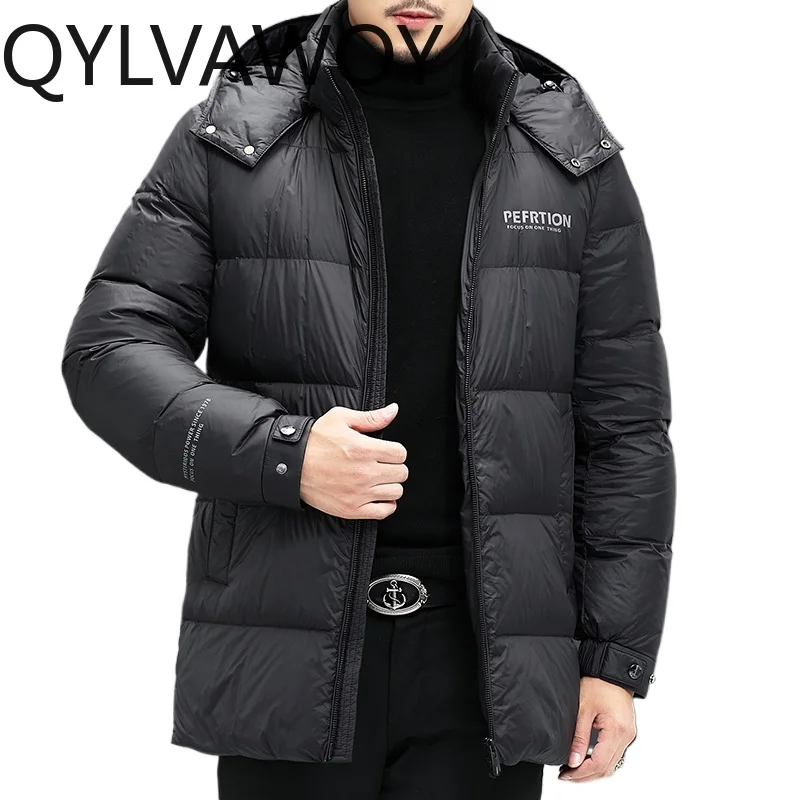 

QYLVAWOY 100% полиэстер мужской зимний пуховик средней длины фирменная верхняя одежда с капюшоном белый утиный пух морозостойкий утолщенный LJ2140