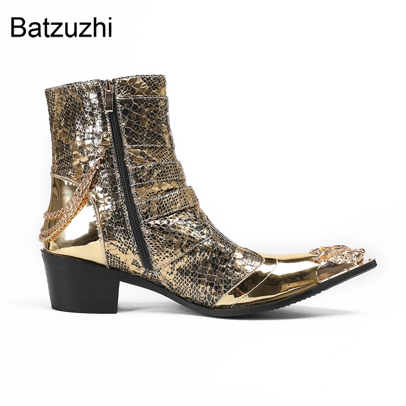 Batzuzhi Gold Fashion Men's Boots Shoes Pointed Iron Toe Genuine Leather Ankle Boots for Men 6.5cm Heels Buckles with Chians!