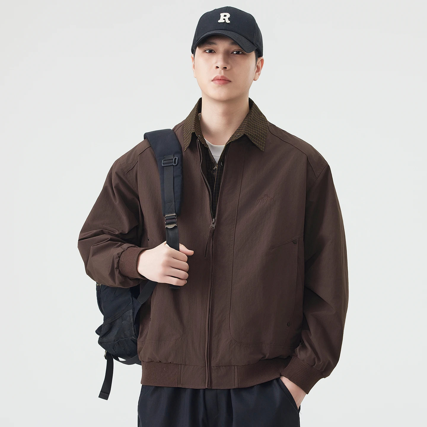 

Double Placket Plaid Splice Jacket Men Spring Autumn Streetwear Vintage Fashion Loose Casual Short Cargo Coat Bomber Jacket
