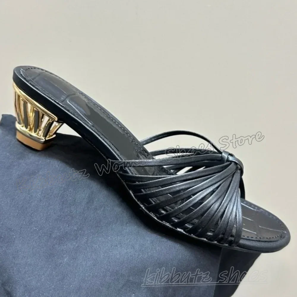 Fretwork Heels Slipper Sandal Fashion Luxury Elegant Concise Sexy Luxury Novelty Shoes Slip-On New Round Toe Leather Mixed Color