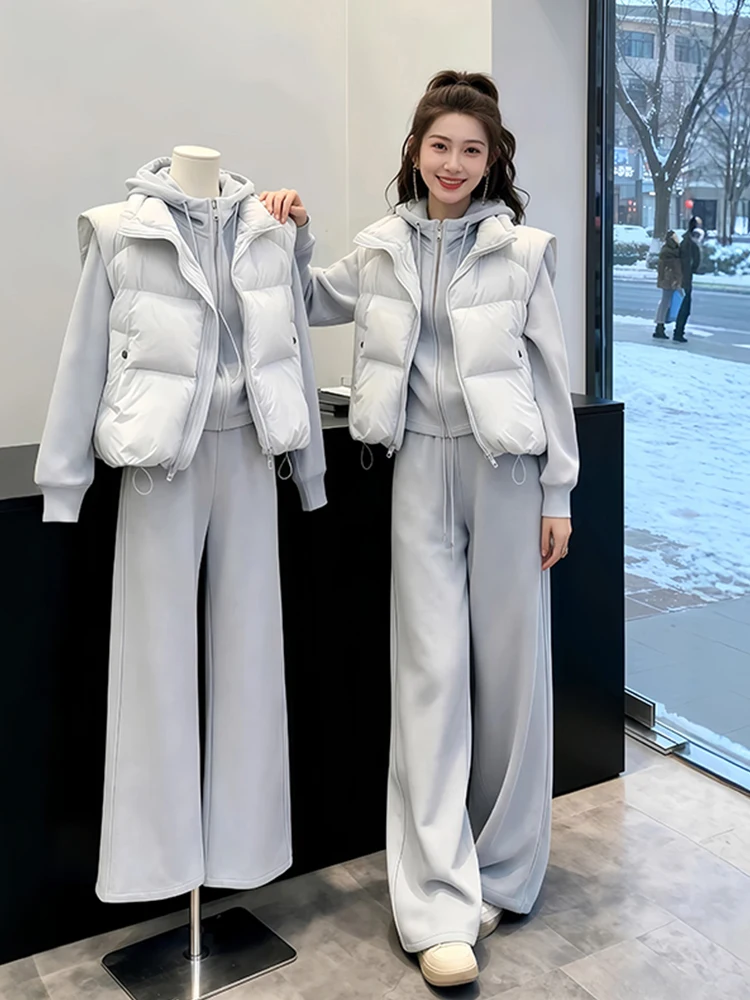 

Casual Faionable Hooded Sweatirt Vest High Waist Pants Tee Piece Set Warm Slimming Autumn Winter Wear for Women