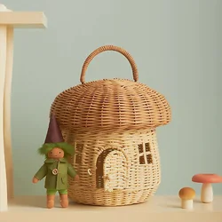 Rattan Woven Mushroom Basket Bohemian Portable Straw Storage Boxes Outdoor Vacation Picnic Baskets Kids Toy Sundries Organizer