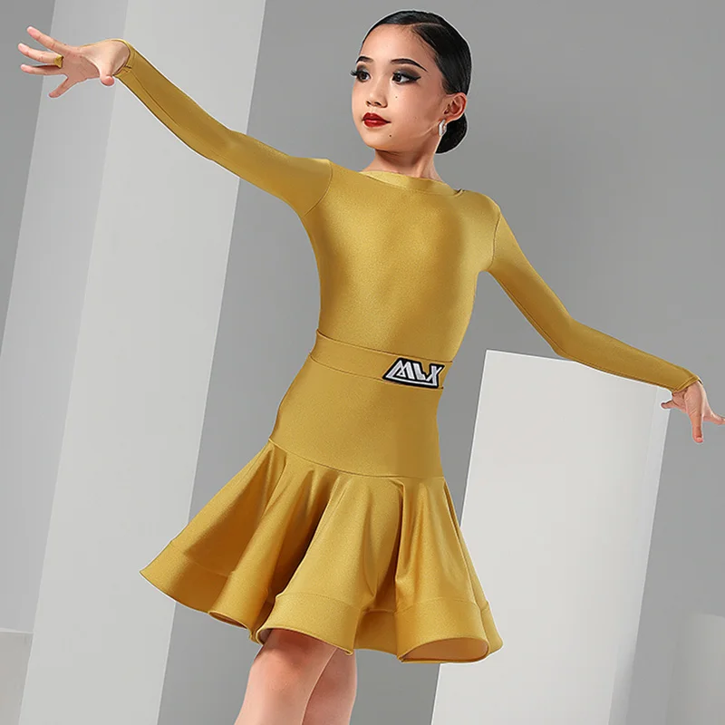 فستان ذهبي لاتيني للمنافسة للأطفال بأكمام طويلة بدلة رقص تنورة للفتيات تشا تشا رومبا ملابس المسرح ملابس الرقص اللاتينية 1438 #5