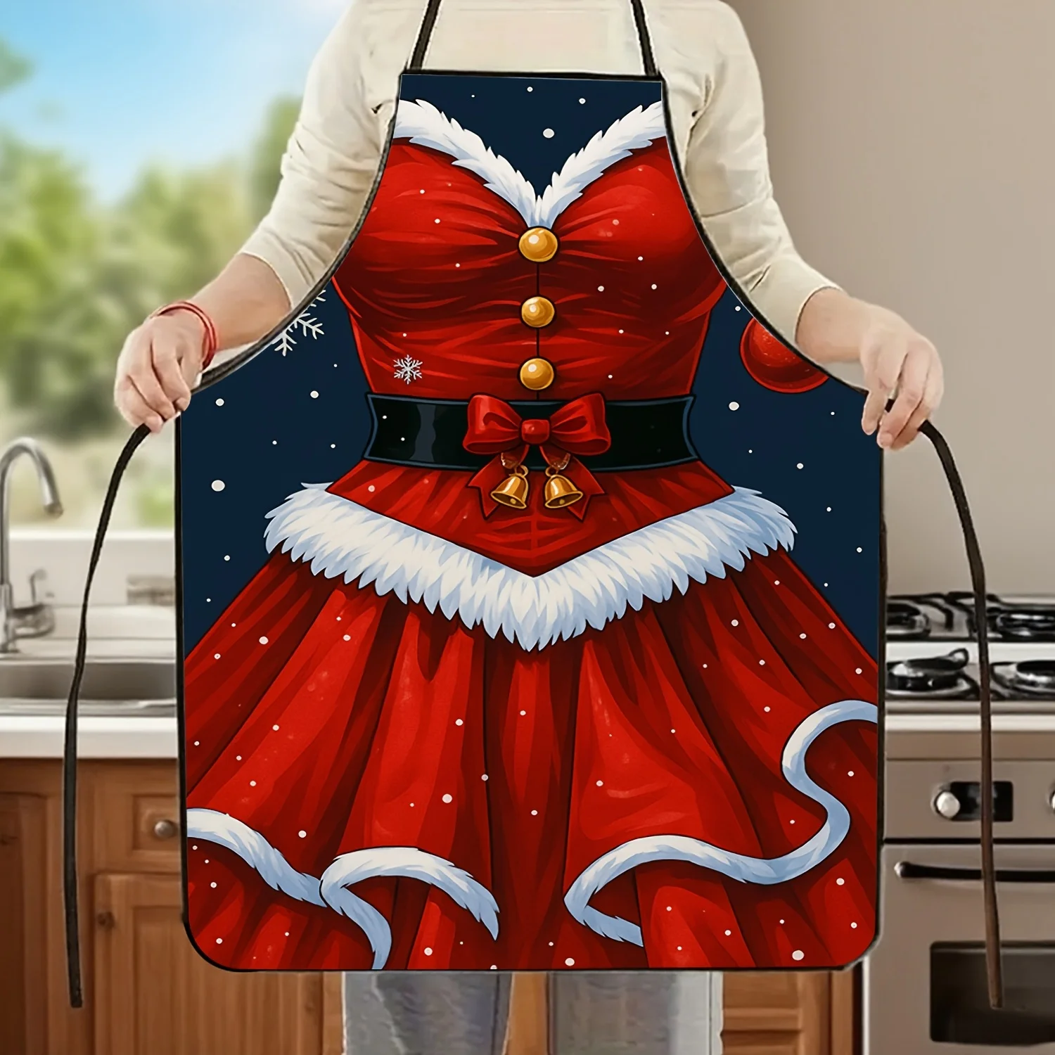 

1pc Women's Elegant Christmas Chef Apron Red & White Ruffled with Golden Buttons Snowflake Adjustable Waist Baking Cooking Apron