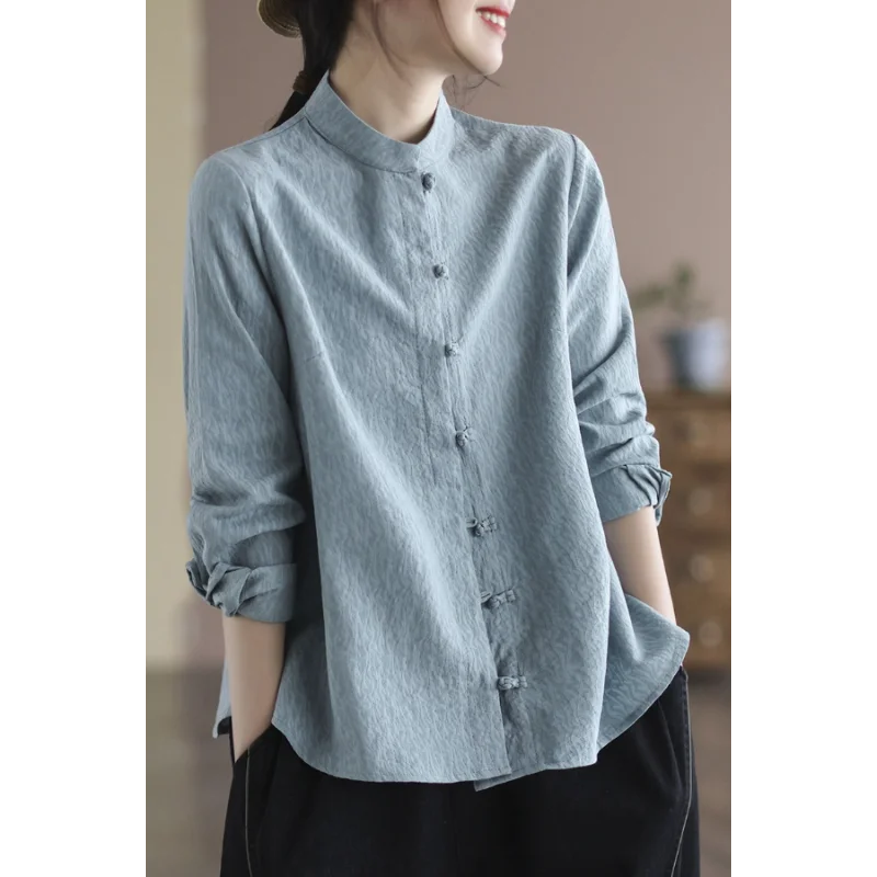 

Cotton Linen Spring and Autumn Zen Women's Button-down Top Solid Color Long-sleeved Retro Literary Loose Age-reducing Shirt