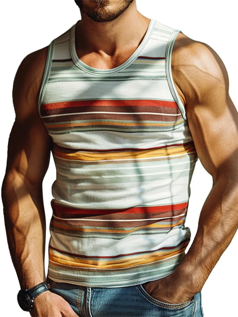 Simple Stripe 3D Printed Tank Tops For Men Fashion Summer Sleeveless Casual Sports Vest Retro Quick Dry Breathable Oversized Tee image 3