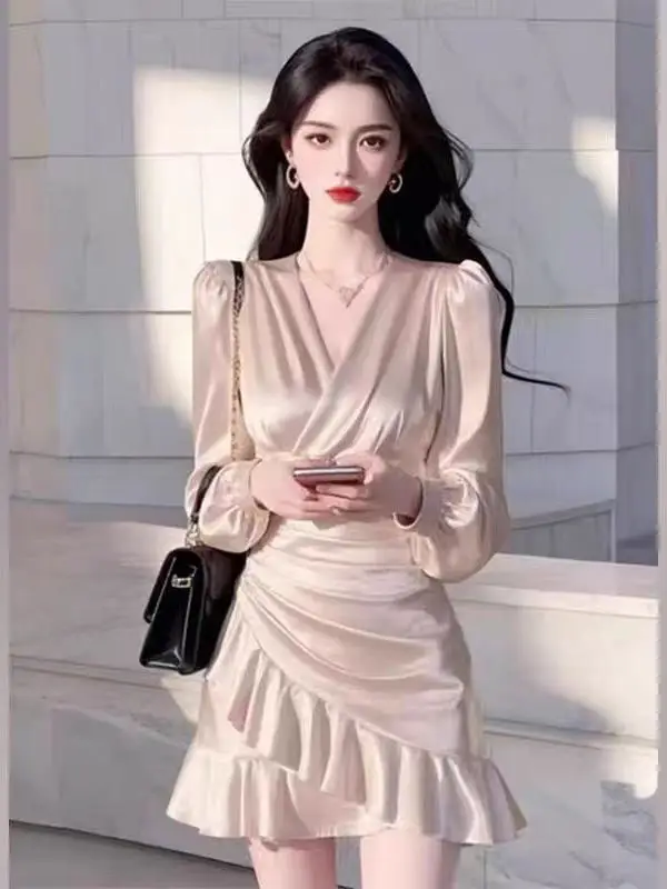 Ele Long Sve Satin Wrap Waist Dr Spring New Sle Faionable ort Skirt Women's Clothing Commute Lady Sle Polye...