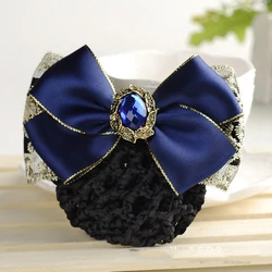 2022 nouveau femmes Satin dentelle nœud cheveux chignon strass filet Snood Crochet filet chignon cheveux couverture femmes perle cheveux Clips élégant Barrette