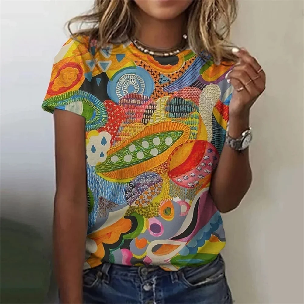 3D Printed Colorful Deer T Shirt For Women Abstract Geometry Graphic Short Sleeves Summer Street O-Neck Tees Tops Loose T-Shirts
