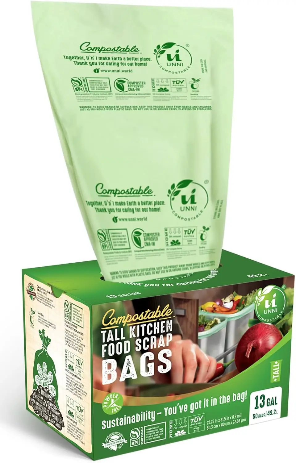 

Compostable Trash Bags, 13 Gallon/49.2L, 50 Count, Extra Thick Kitchen Liners, BPI & ASTM D6400 Certified