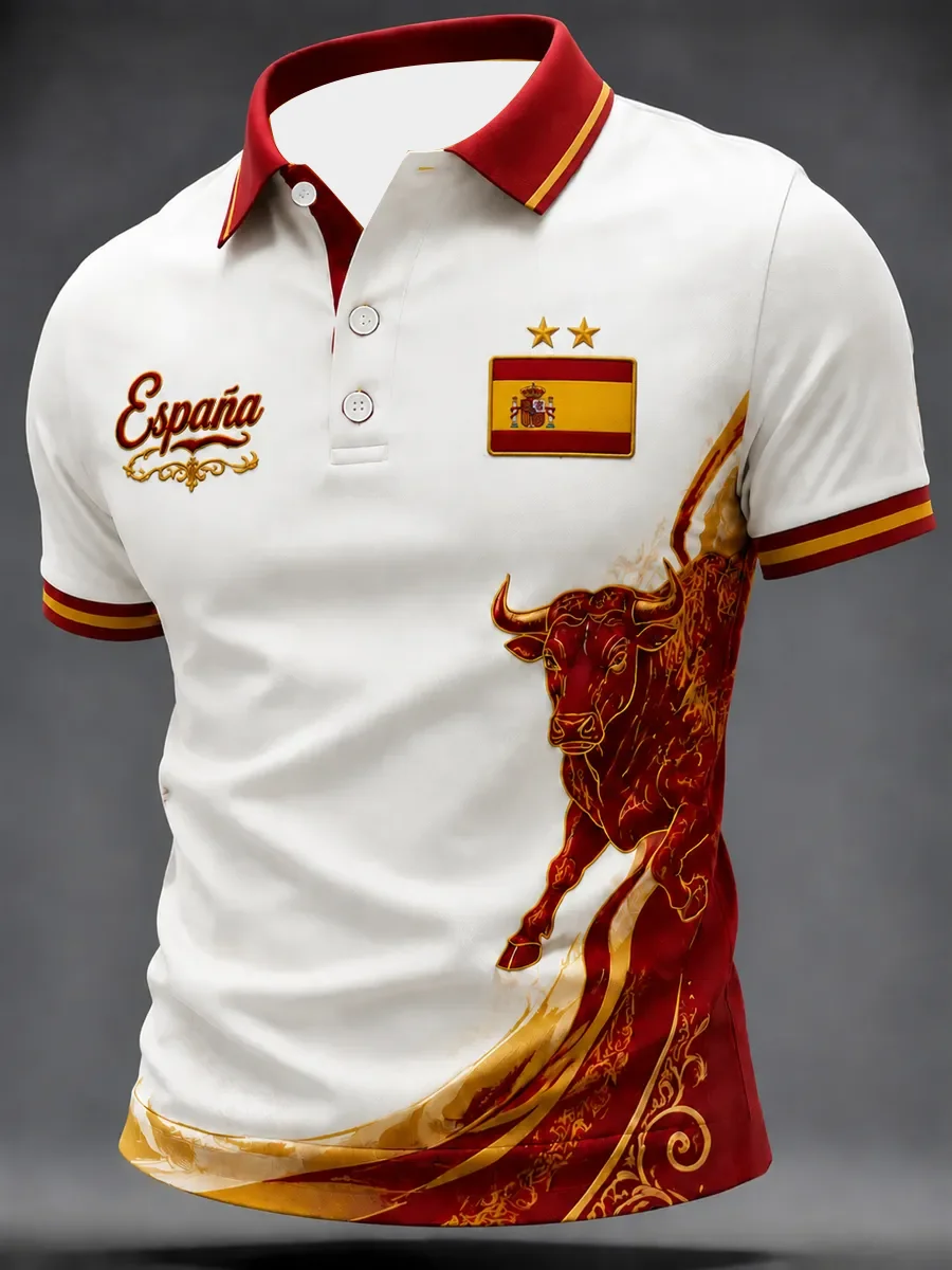 Men's 2026 Commemorative Style Spanish-themed Polo with 3D Print, Fashionable, Breathable, Quick-drying, and Sweat-absorbent.