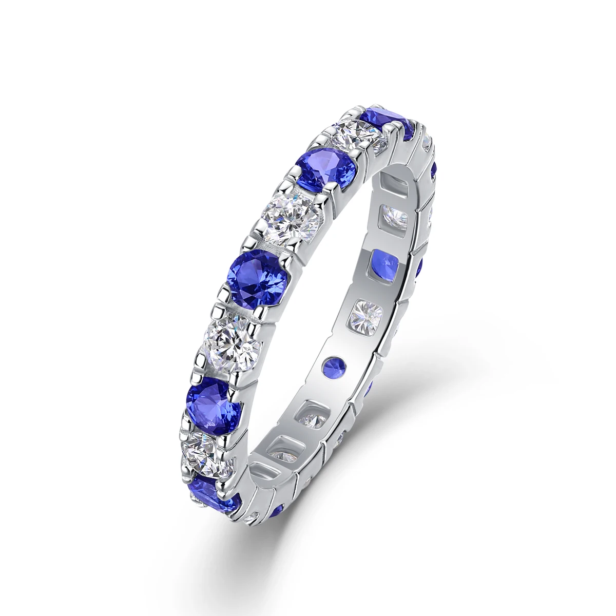 

Elegant S925 Silver Ring with Alternating Moissanite & Blue Sapphires, 18K Gold Plated, Exquisite Design, Includes GRA Certifica