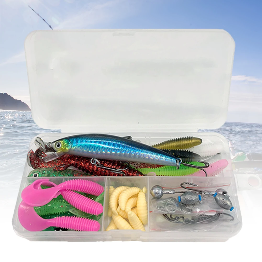 

83 шт., набор рыболовных приманок, мягкие и жесткие крючки для наживки, грузила, вертлюги для ловли окуня, форели, пресноводной и морской рыбалки