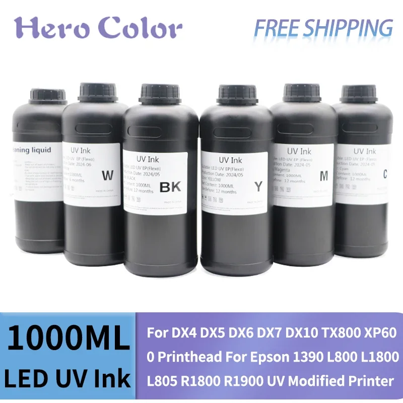 1000ML LED UV Ink For DX4 DX5 DX6 DX7 DX10 TX800 XP600 Printhead For Epson 1390 L800 L1800 L805 R1800 R1900 UV Modified Printer