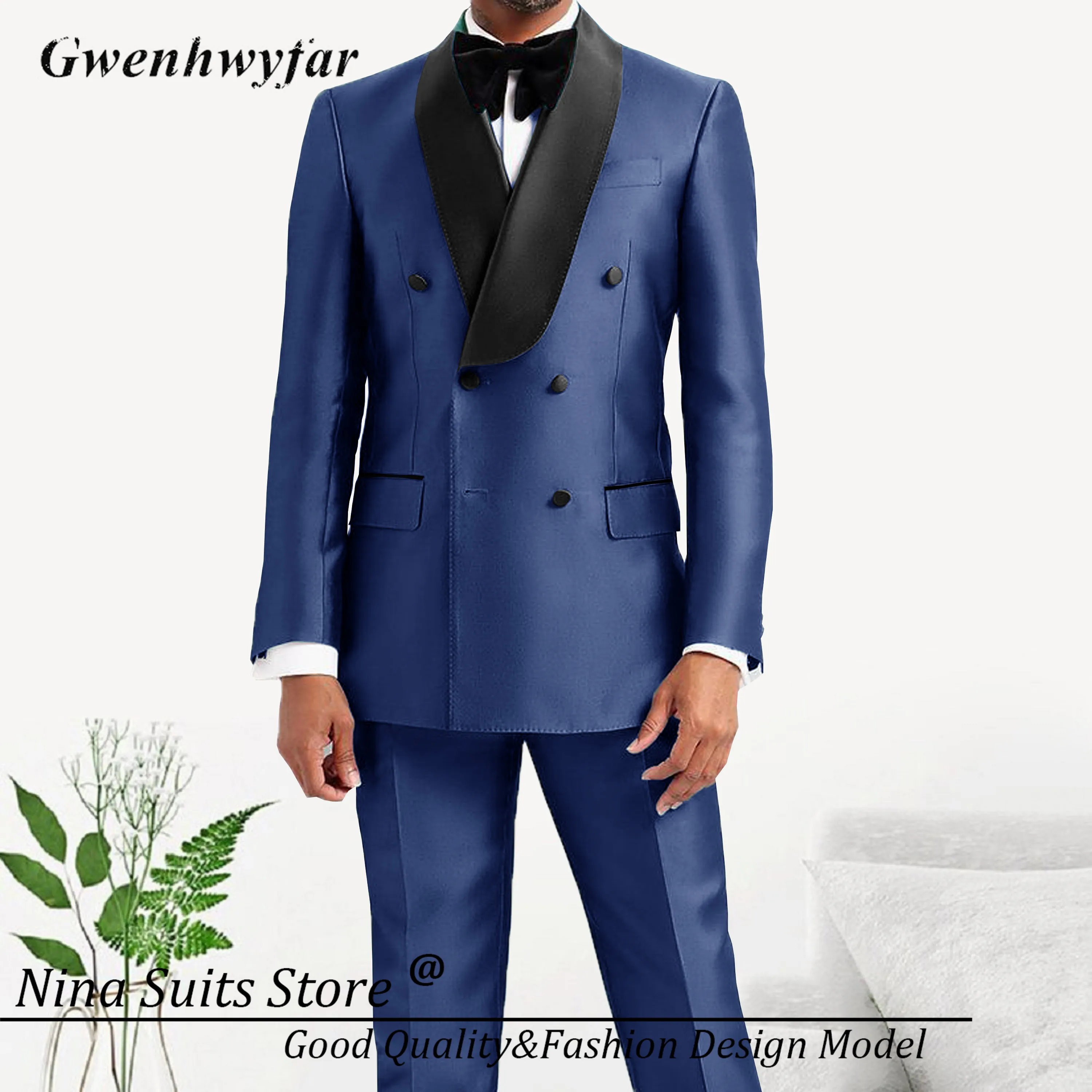 

Gwenhwyfar облегающие двубортные костюмы для мужчин, 2 предмета, блестящий темно-синий свадебный смокинг для жениха с заостренным лацканом, индивидуальная мужская одежда