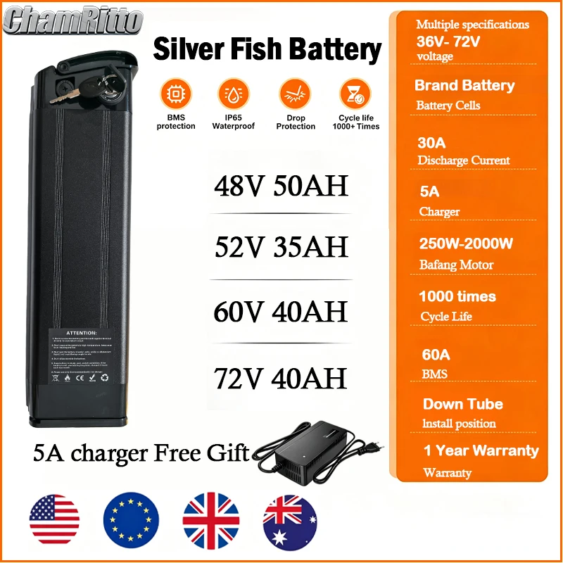 

Ebike 48 volt 30ah 1000W Silver Fish battery s26 750W 20ah lithium battery 36v 52v 60v 72v Electric Bike 40ah 50ah 60ah Battery
