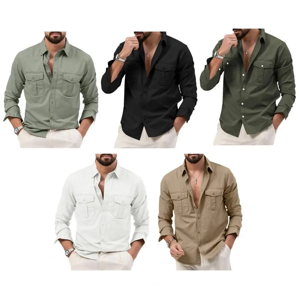 Men's Retro Work Shirt Long Sleeved Loose Fit Casual Button Up Men Shirt Long Sleeve Regular Fit Lightweight Loose Shirt