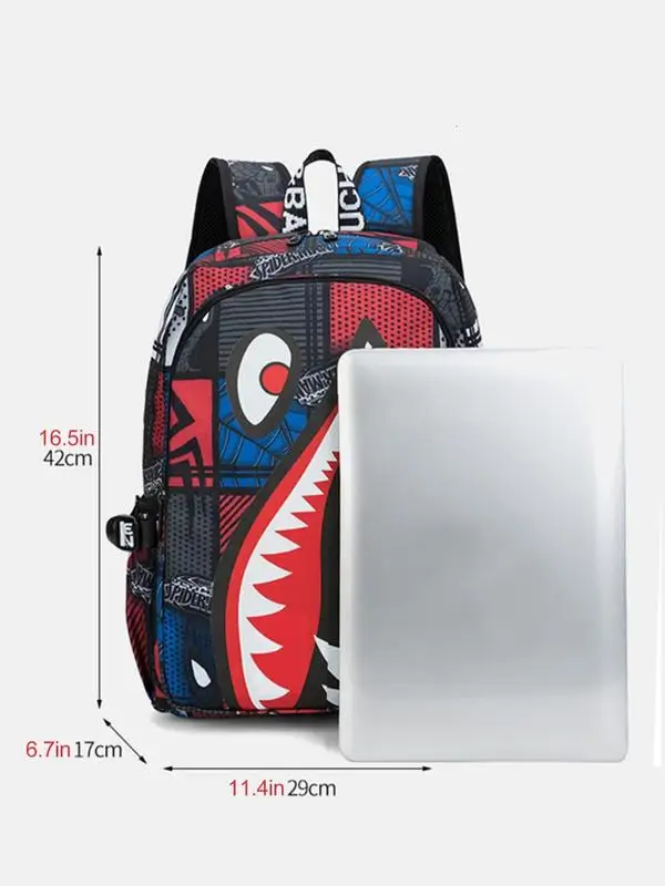 Colorblock Shark Pattern Backpack, Capacity Backpack with Usb Port Design, Backpack for Daily Use, Back To School Bag for Summer