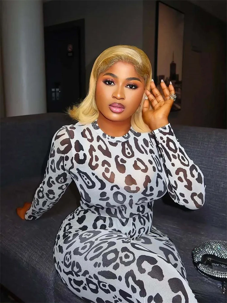 

Sexy See Through 2 Piece Set Women Leopard Print o-Neck Full Sleeve Tops+Skinny Peach Hip Long Pants Street Fashion Suits