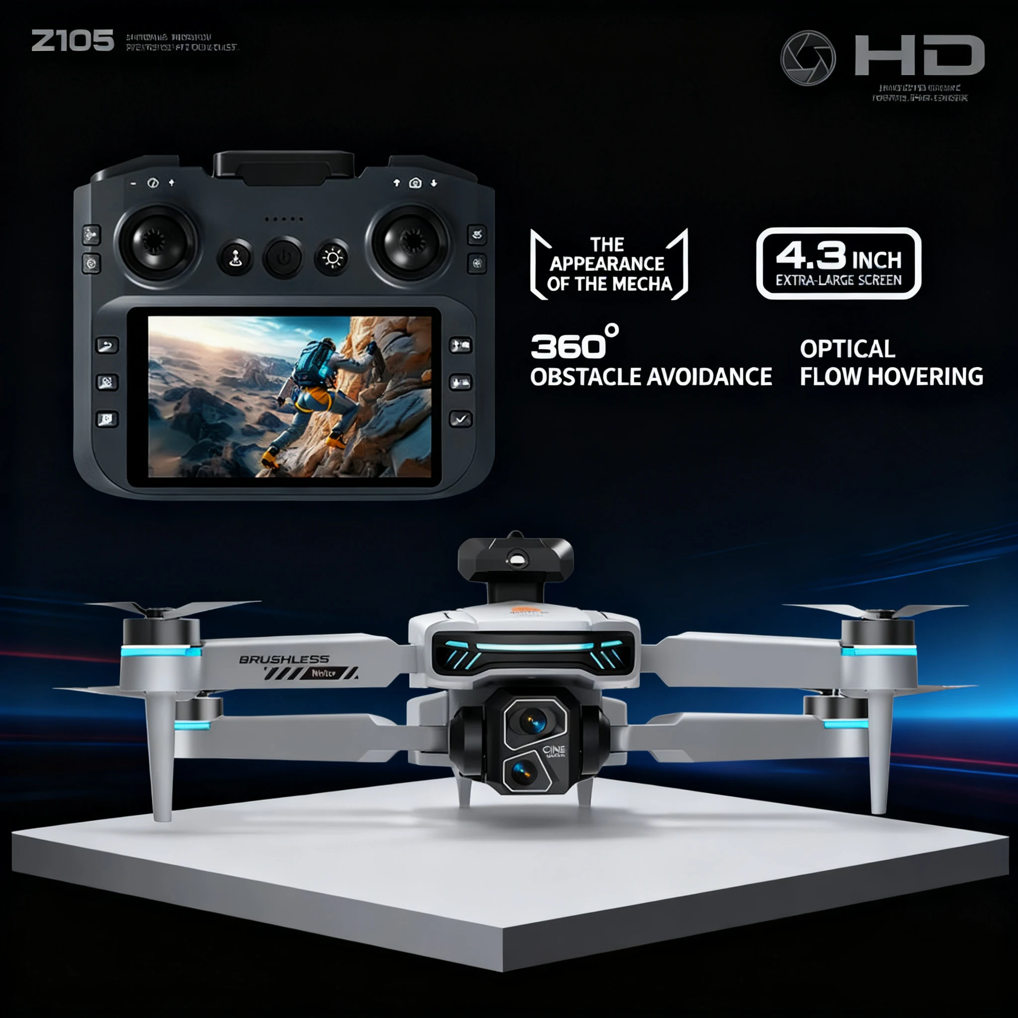 Drone Z105 155g Ringan Layar Besar 4.3 Remote Kamera 4K Optical Flow Hindar Rintangan 360 Mecha Quadcopter